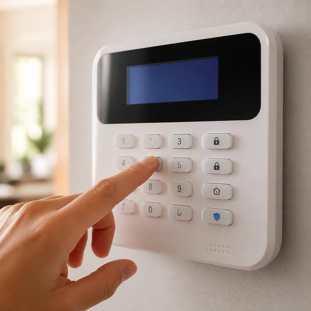 Hand entering a code on a modern home alarm keypad